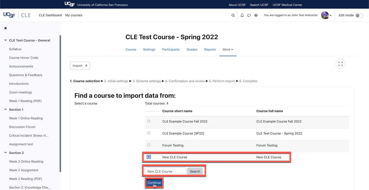 A screenshot of the CLE course from an instructor's perspective: How tosearch for course you want to copy.png