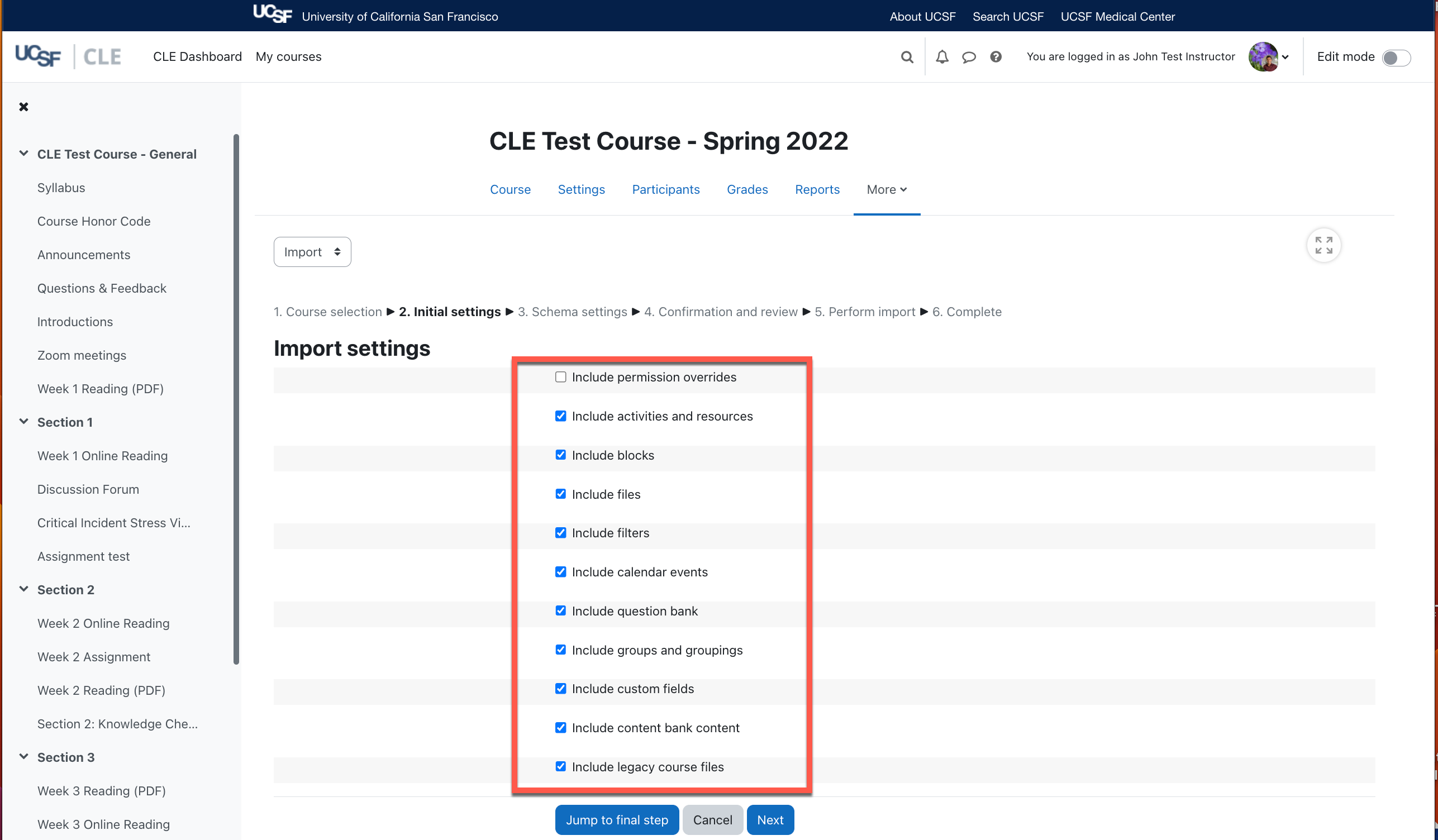 A screenshot of the CLE course from an instructor's perspective: How to exclude or include course content you want to copy.png