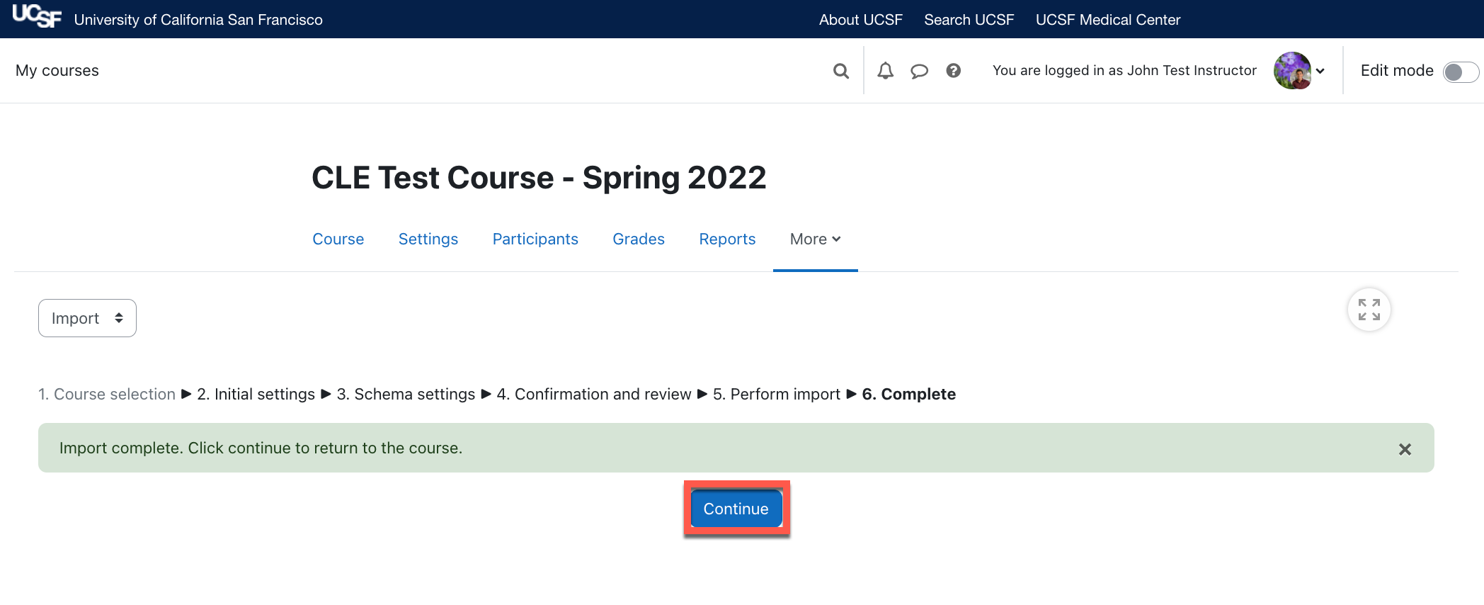 A screenshot of the CLE course from an instructor's perspective showing the import is complete page.png