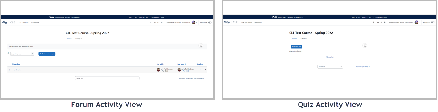 A screenshot of a UCSF CLE course page showing two Single Activity course Format images side by side.png