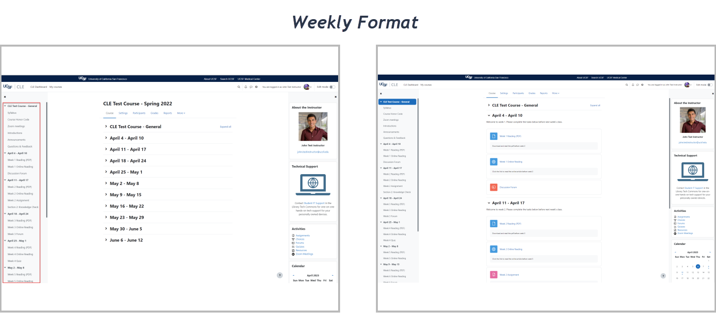 A screenshot of a UCSF CLE course page showing the collapsed and expandable weekly format side by side.png
