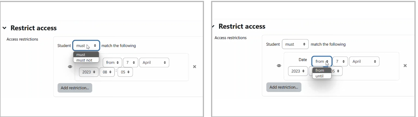 A screenshot of the CLE course from an instructor's perspective: The example shows an access restriction using a date condition on the activity settings page