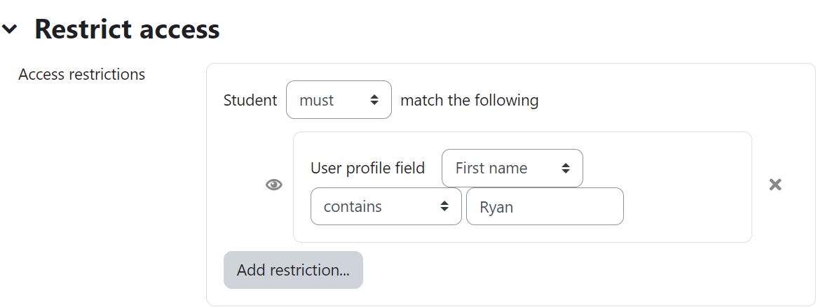 A screenshot of the CLE course from an instructor's perspective: The example shows an access restriction by preventing students from accessing the activity unless you have a specific name.