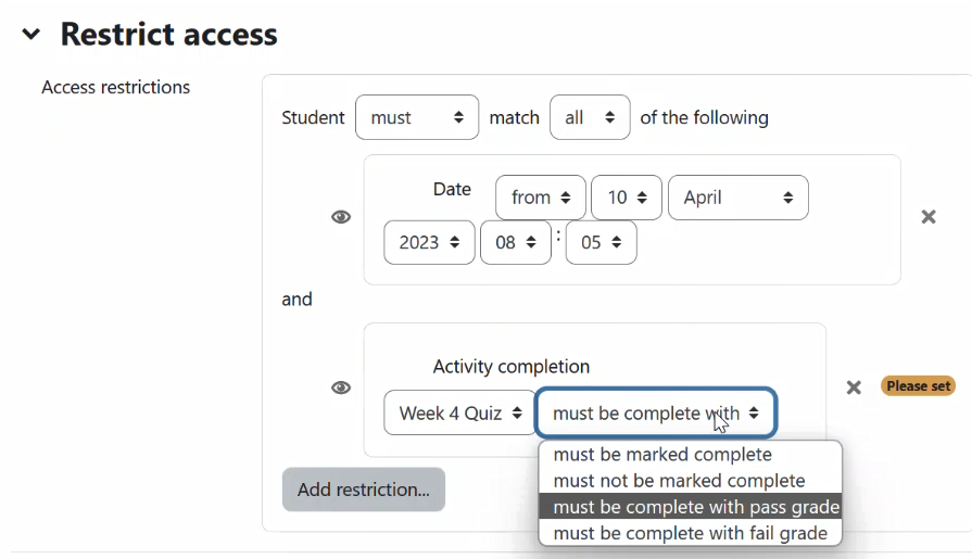 A screenshot of the CLE course from an instructor's perspective: The example shows an access restriction by preventing students from accessing the activity until they have completed the previous activity.