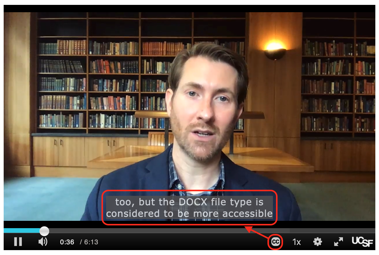 screenshot of a video with closed captions button in media@ucsf