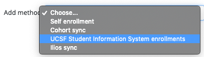 A screenshot of the participant's page in a UCSF CLE course from a instructor or manager's perspective: How to add the Student Information System Enrollment method