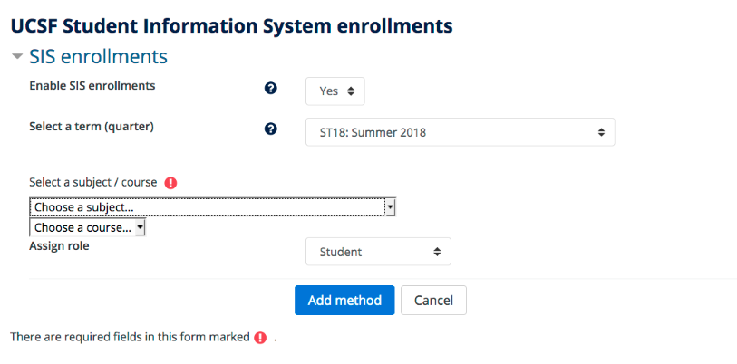 A screenshot of the participant's page in a UCSF CLE course from a instructor or manager's perspective: How to enroll individual users and set their role