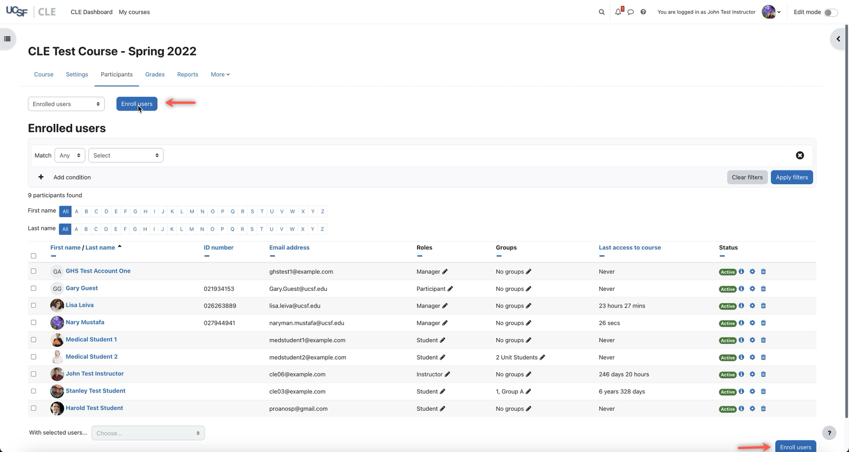 A screenshot of the participant's page in a UCSF CLE course from a instructor or manager's perspective: How to enroll individual users