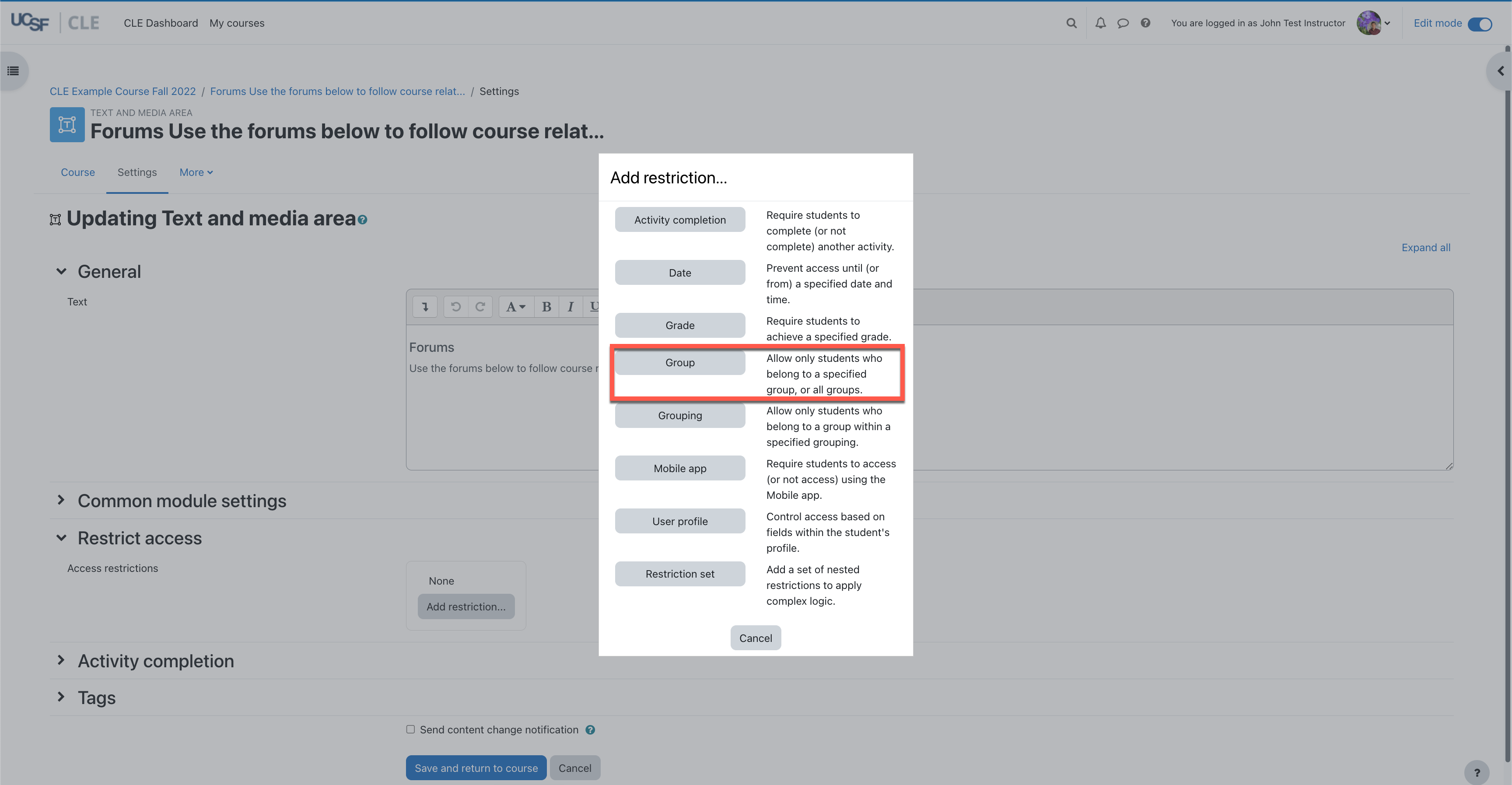 A screenshot showing the restrictions settings and how to restrict access to a group .png