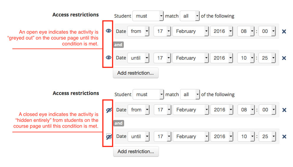 A screenshot of the CLE course from an instructor's perspective: The example how the resource or activity displays on the course page for students both before and after the access restrictions.