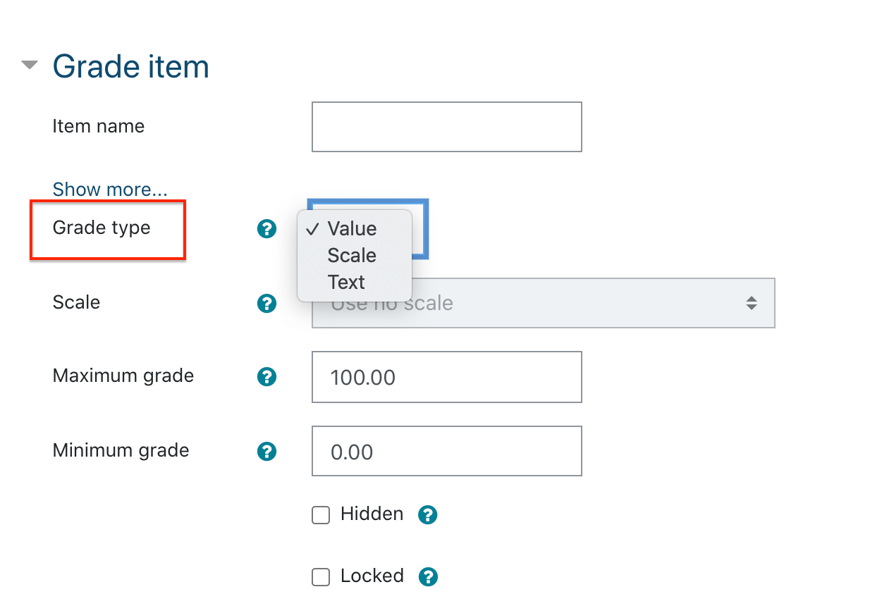 A screenshot of a UCSF CLE gradebook setup page showing how to select a a type for the grade item.png