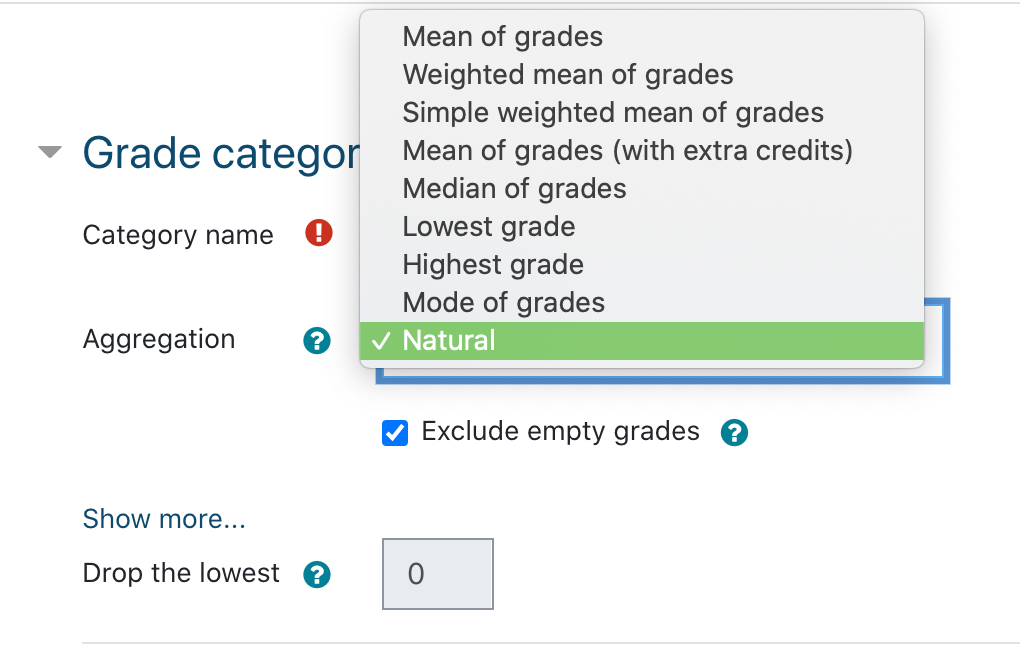 A screenshot of a UCSF CLE gradebook setup page showing the aggregation method from the grade category drop-down menu.png
