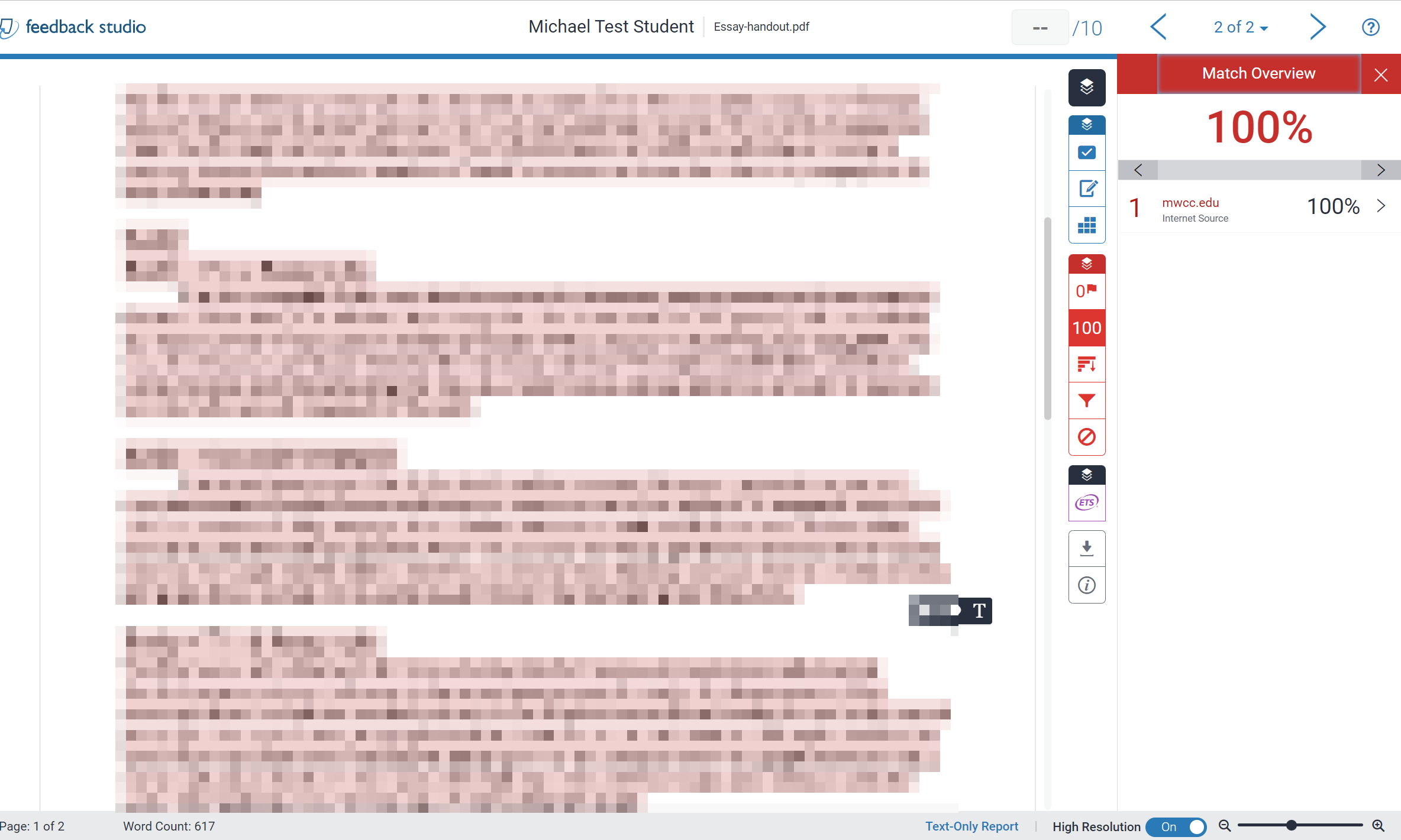 A screenshot of the Turnitin plagiarism similarity report for a specific student in an essay quiz in a CLE course.png