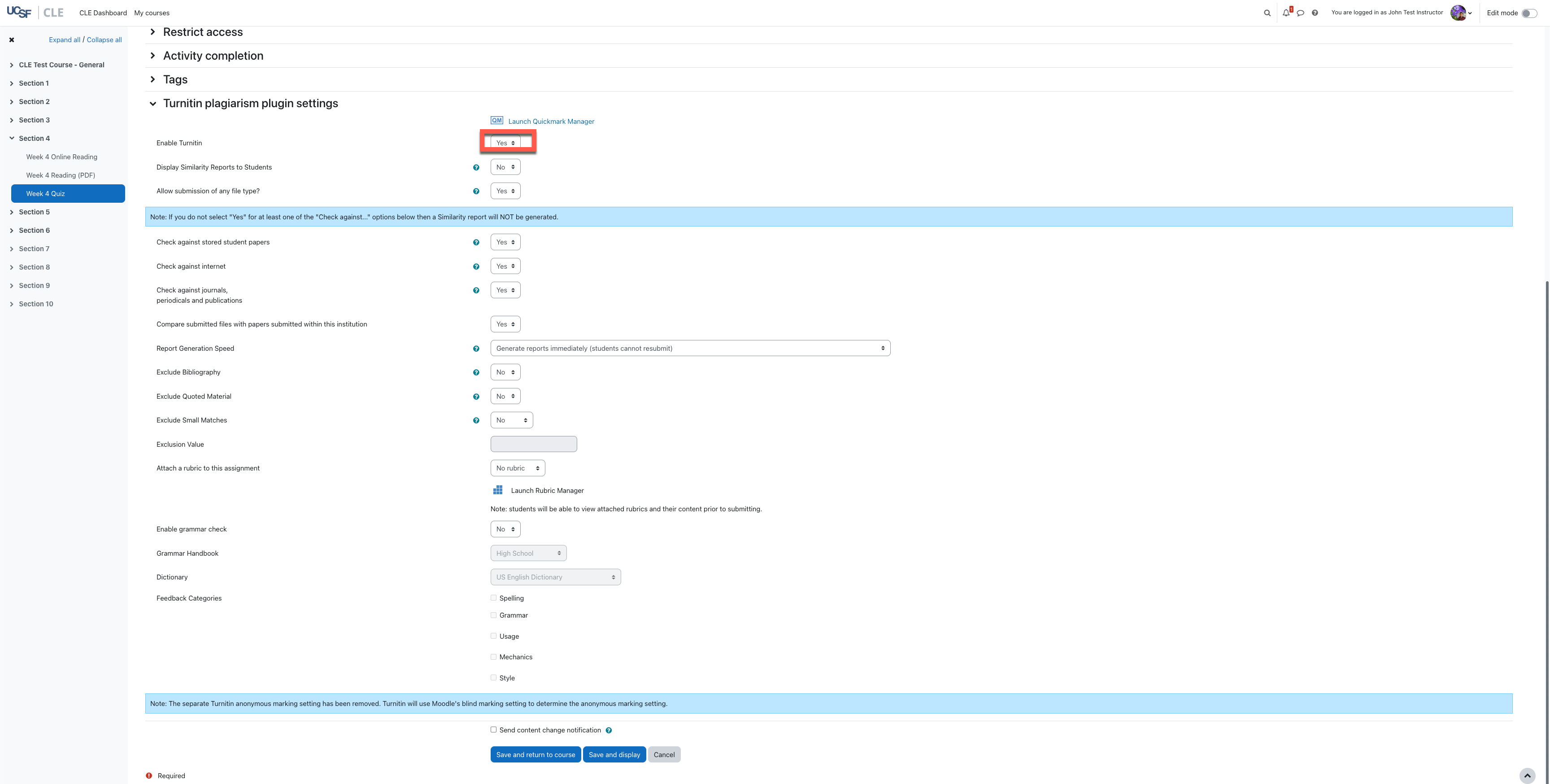 A screenshot of the Turnitin plagiarism plugin settings in a new quiz in a CLE course.png