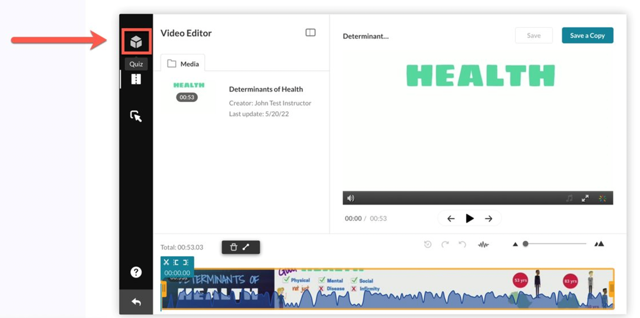 A Screenshot showing the Quiz Icon on th video editor page