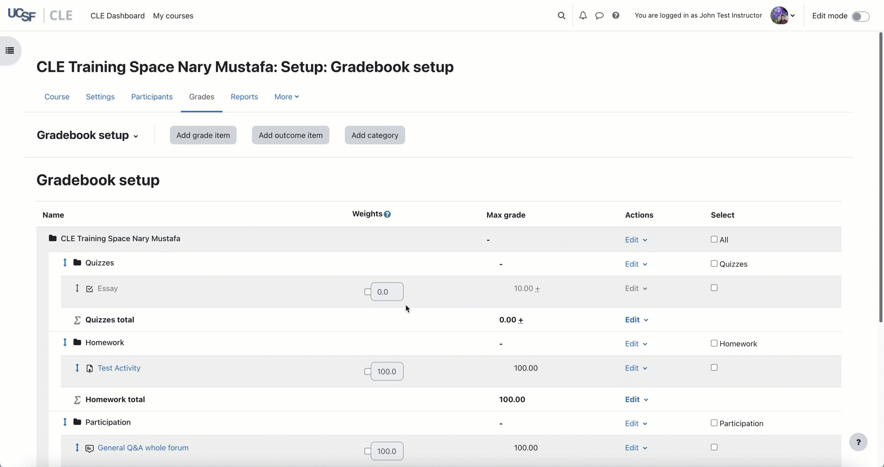 A gif showing how to Move Multiple Grade Items on the CLE gradebook setup page.gif