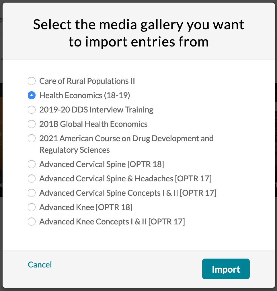 Screenshot of a list of courses you can choose to import from.