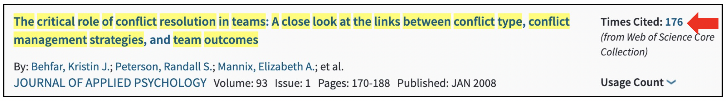 Times cited link on Web of Science results page