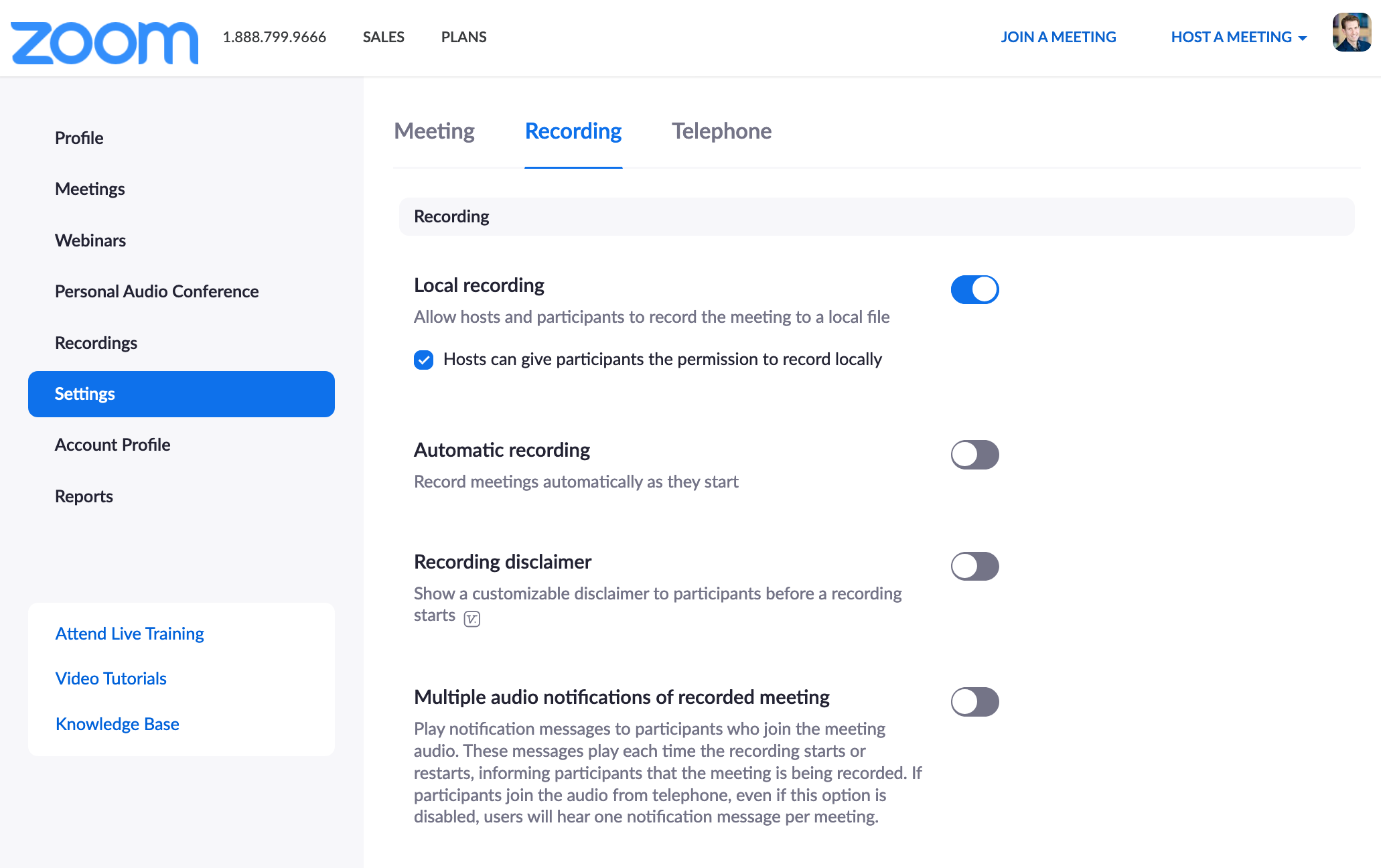 Zoom recording settings page