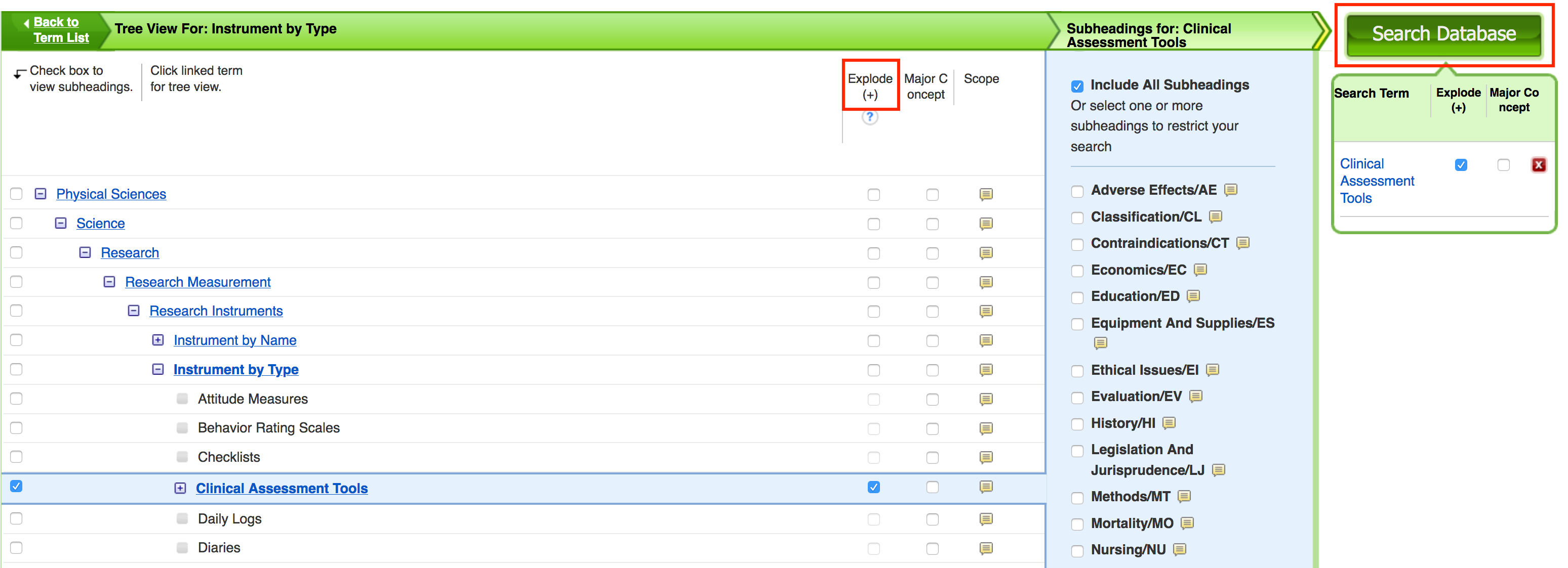 CINAHL filtering for subheadings interface