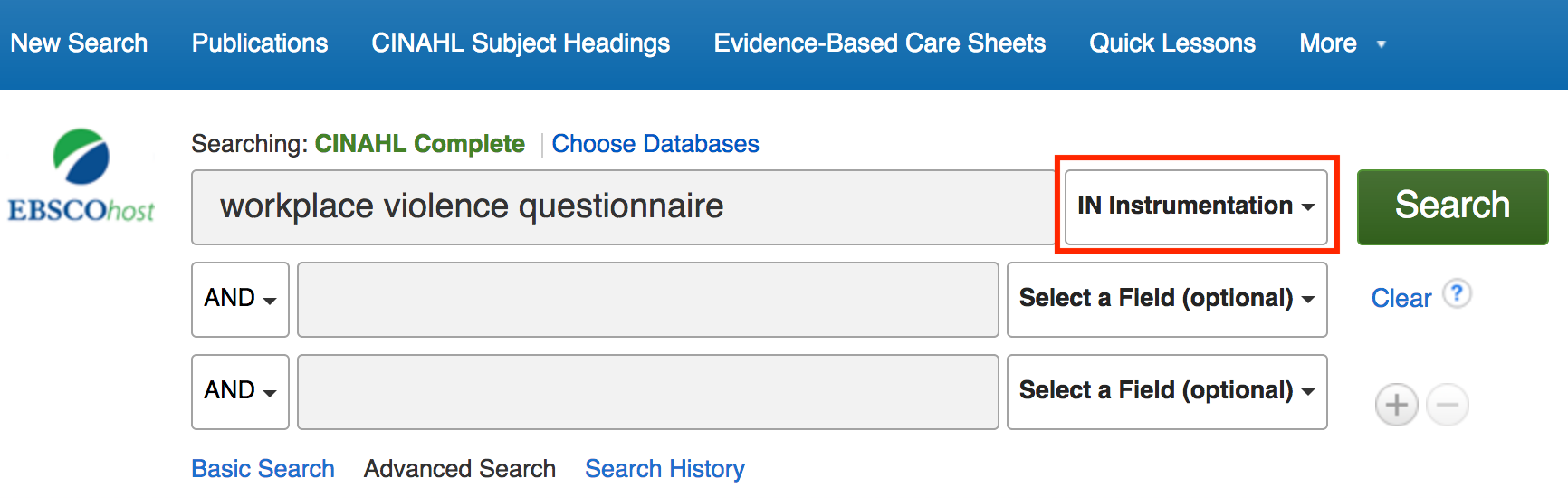 CINAHL search interface
