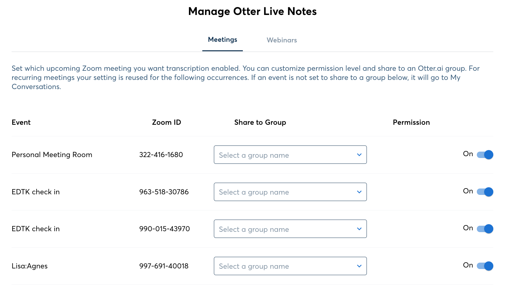 screenshot of Otter AI website transcription options page with on off toggles for recurring meetings