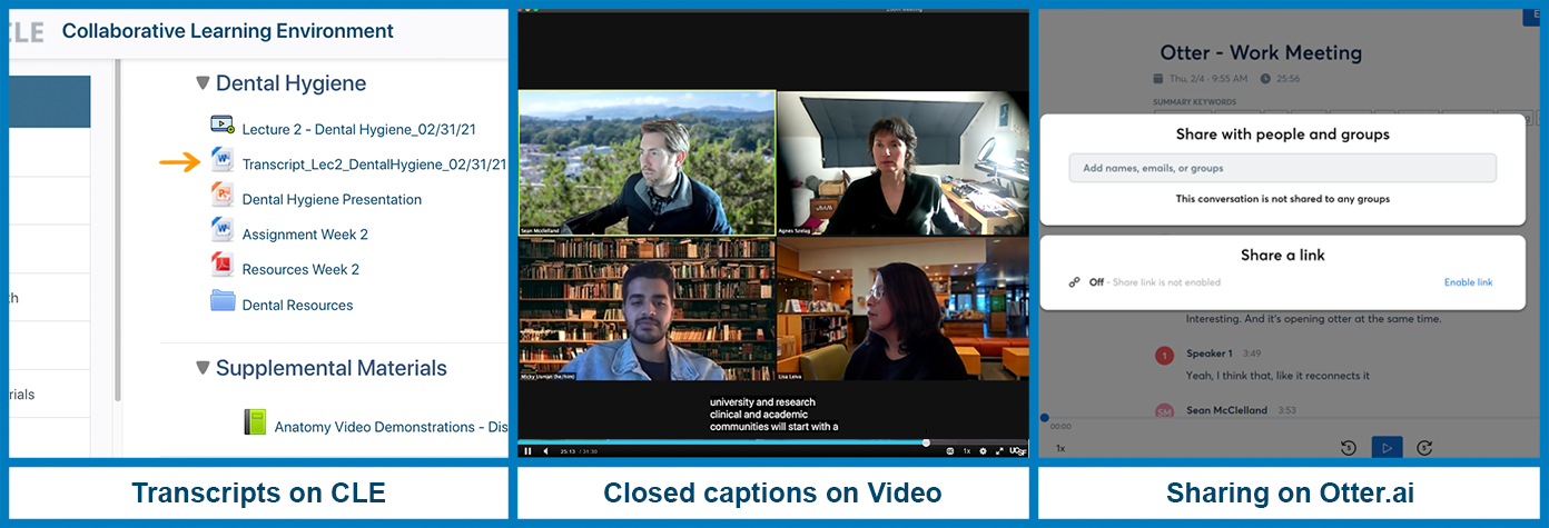 three screenshots showing transcript file in cle, closed captions on video and sharing options on otter.ai